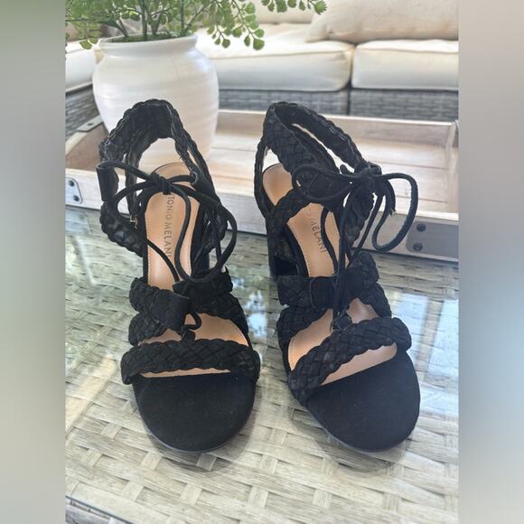 ANTONIO MELANI Shoes - ANTONIO MELANI Black Suede Braided Lace-Up Sandals Heels Size 6.